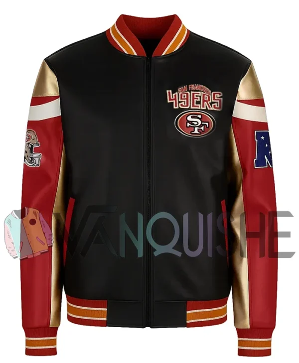 Carrie San Francisco 49ers Black Leather Varsity Jacket front