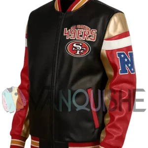 Carrie San Francisco 49ers Black Leather Varsity Jacket left