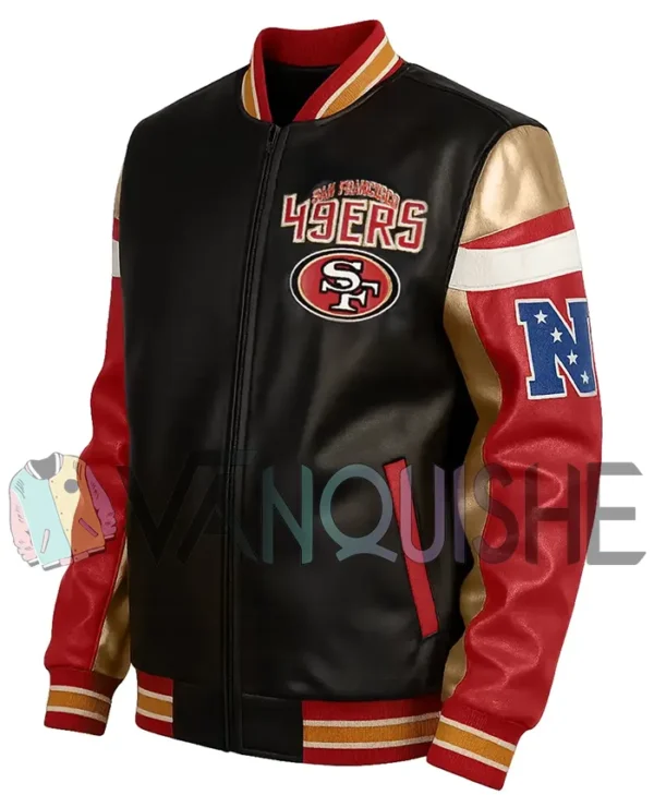 Carrie San Francisco 49ers Black Leather Varsity Jacket left