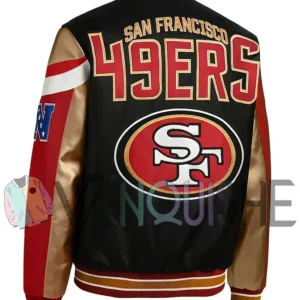 Carrie San Francisco 49ers Black Leather Varsity Jacket left back