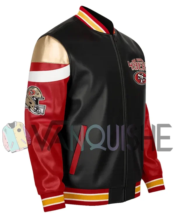 Carrie San Francisco 49ers Black Leather Varsity Jacket right
