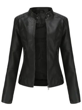 Casual Women Black Biker Leather Jacket