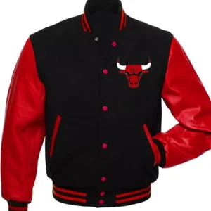Chicago Bulls Red And Black Leather Sleeves Varsity Jacket