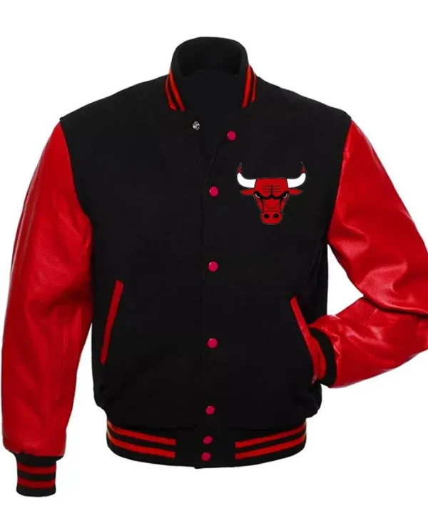 Chicago Bulls Red And Black Leather Sleeves Varsity Jacket