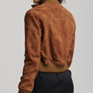 Classic Cropped Brown Suede Bomber Jacket