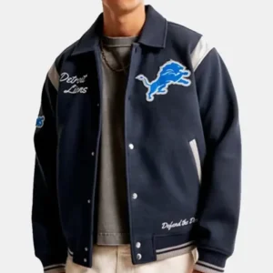 Detroit Lions Flavor Flav Blue Wool Bomber Jacket For Sale