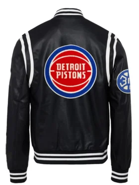Detroit Pistons Black Full Snap Leather Jacket Back