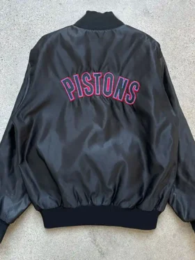 Detroit Pistons Black Leather Zipper Bomber Jacket Back