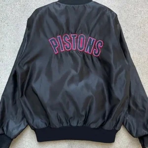 Detroit Pistons Black Leather Zipper Bomber Jacket Back