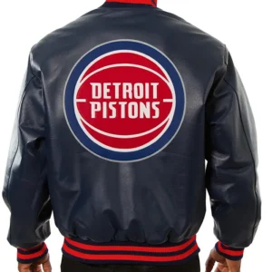Detroit Pistons Navy Blue Leather Bomber Jacket Back