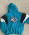 Detroit Pistons Starter Blue Bomber Hooded Jacket Back