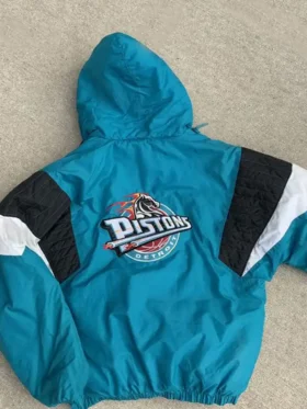 Detroit Pistons Starter Blue Bomber Hooded Jacket Back