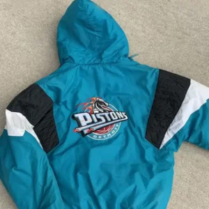 Detroit Pistons Starter Blue Bomber Hooded Jacket Back