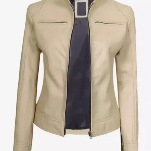 Dodge Womens Beige Cafe Racer Leather Jacket Inner