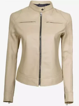 Dodge Womens Beige Cafe Racer Leather Jacket Main