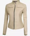 Dodge Womens Beige Cafe Racer Leather Jacket Snap