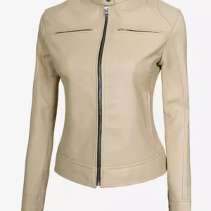 Dodge Womens Beige Cafe Racer Leather Jacket Snap