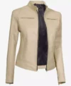 Dodge Womens Beige Cafe Racer Leather Jacket Style