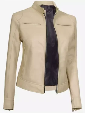 Dodge Womens Beige Cafe Racer Leather Jacket Style