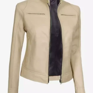 Dodge Womens Beige Cafe Racer Leather Jacket Style