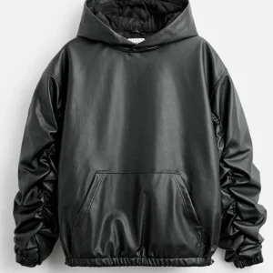 Gomez Black Leather Hooded Pull Over Jacket