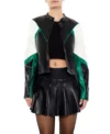 Green And Black Womens Colorblock Cropped Leather Jacket Main