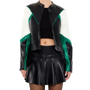 Green And Black Womens Colorblock Cropped Leather Jacket Main