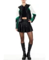 Green And Black Womens Colorblock Cropped Leather Jacket Stand Up