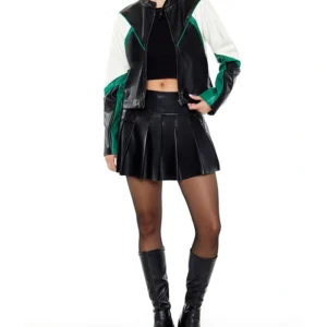 Green And Black Womens Colorblock Cropped Leather Jacket Stand Up