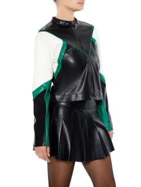 Green And Black Womens Colorblock Cropped Leather Jacket Style