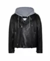 Harry Black Motorcycle Leather Hooded Jacket Front