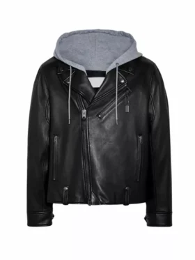 Harry Black Motorcycle Leather Hooded Jacket Front