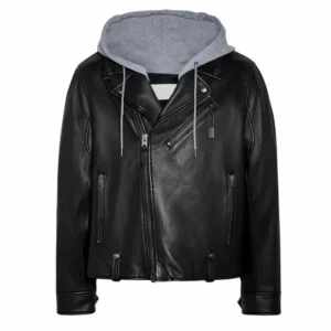 Harry Black Motorcycle Leather Hooded Jacket Front