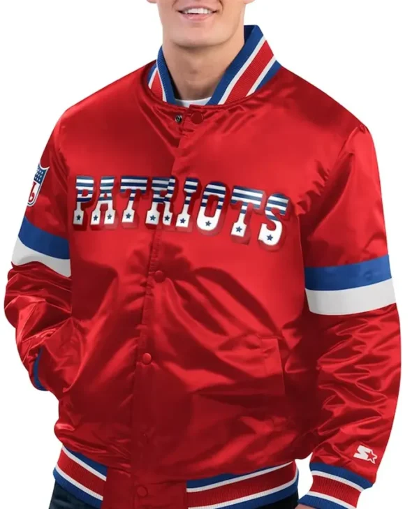 Home Game New England Patriots Red Satin Varsity Jacket