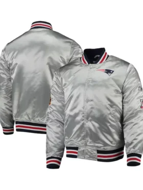 Jacques New England Patriots Silver Satin Varsity Jacket