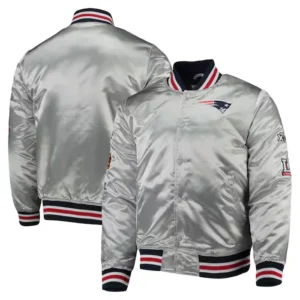 Jacques New England Patriots Silver Satin Varsity Jacket