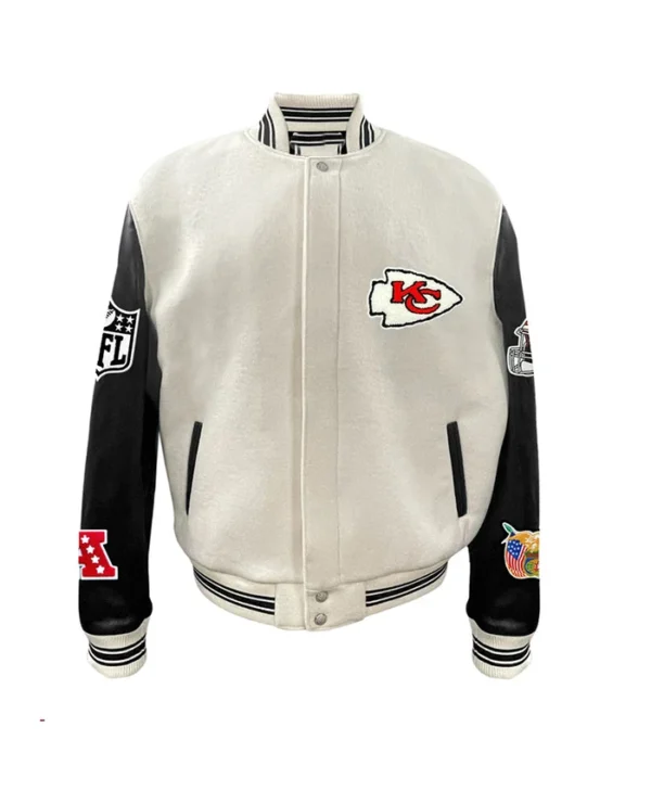 Kansas City Chiefs Letterman Jacket Wool Leather Varsity Off White And Black For Men