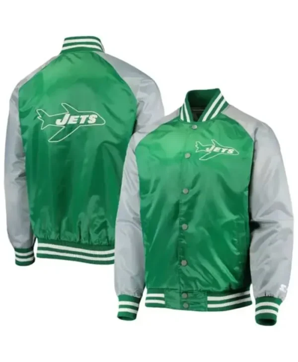 Kris New York Jets Satin Grey and Green Varsity Jacket
