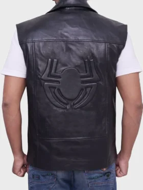 Malachy Mens Spider Man Noir Peter Parker Black Leather Vest Back