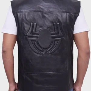 Malachy Mens Spider Man Noir Peter Parker Black Leather Vest Back