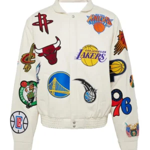 Mateo NBA Patch White Leather Jacket 
