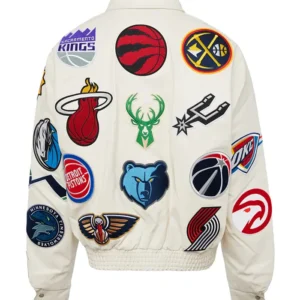 Mateo NBA Patch White Leather Jacket Back