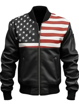 Men American Flag Bomber Leather Jacket