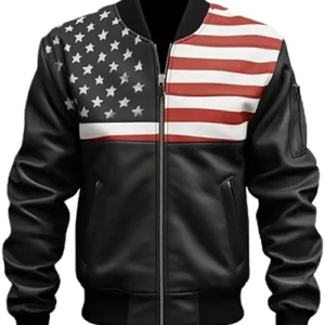 Men American Flag Bomber Leather Jacket