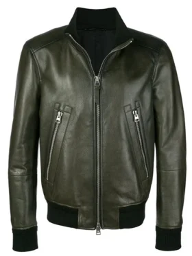 Men Casual Dark Green Leather Jacket