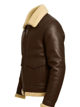 Men's B3 Brown Bomber Jacket With Shearling Collar Front