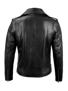 Mens Black Leather Belted Motorcycle Jacket Back
