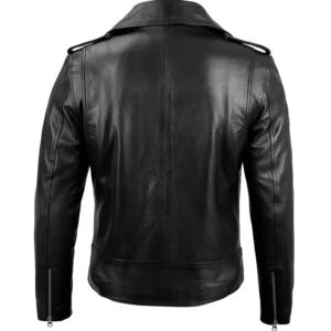 Mens Black Leather Belted Motorcycle Jacket Back