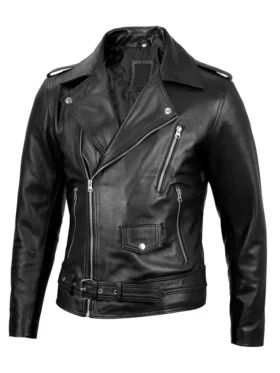 Mens Black Leather Belted Motorcycle Jacket Main