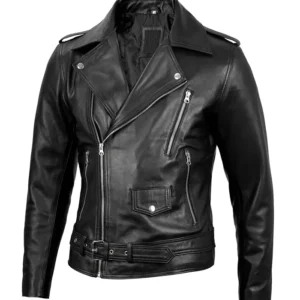 Mens Black Leather Belted Motorcycle Jacket Main